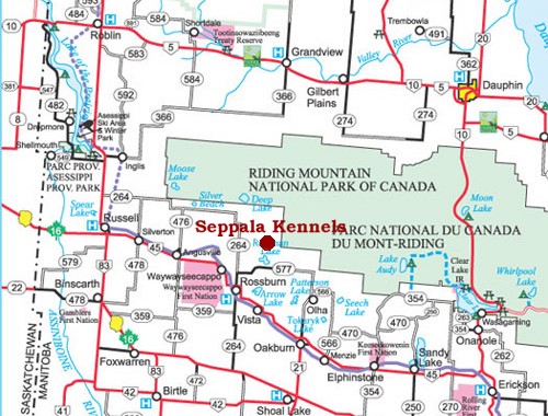 Map of Manitoba Parkland showing new Seppala Kennels location